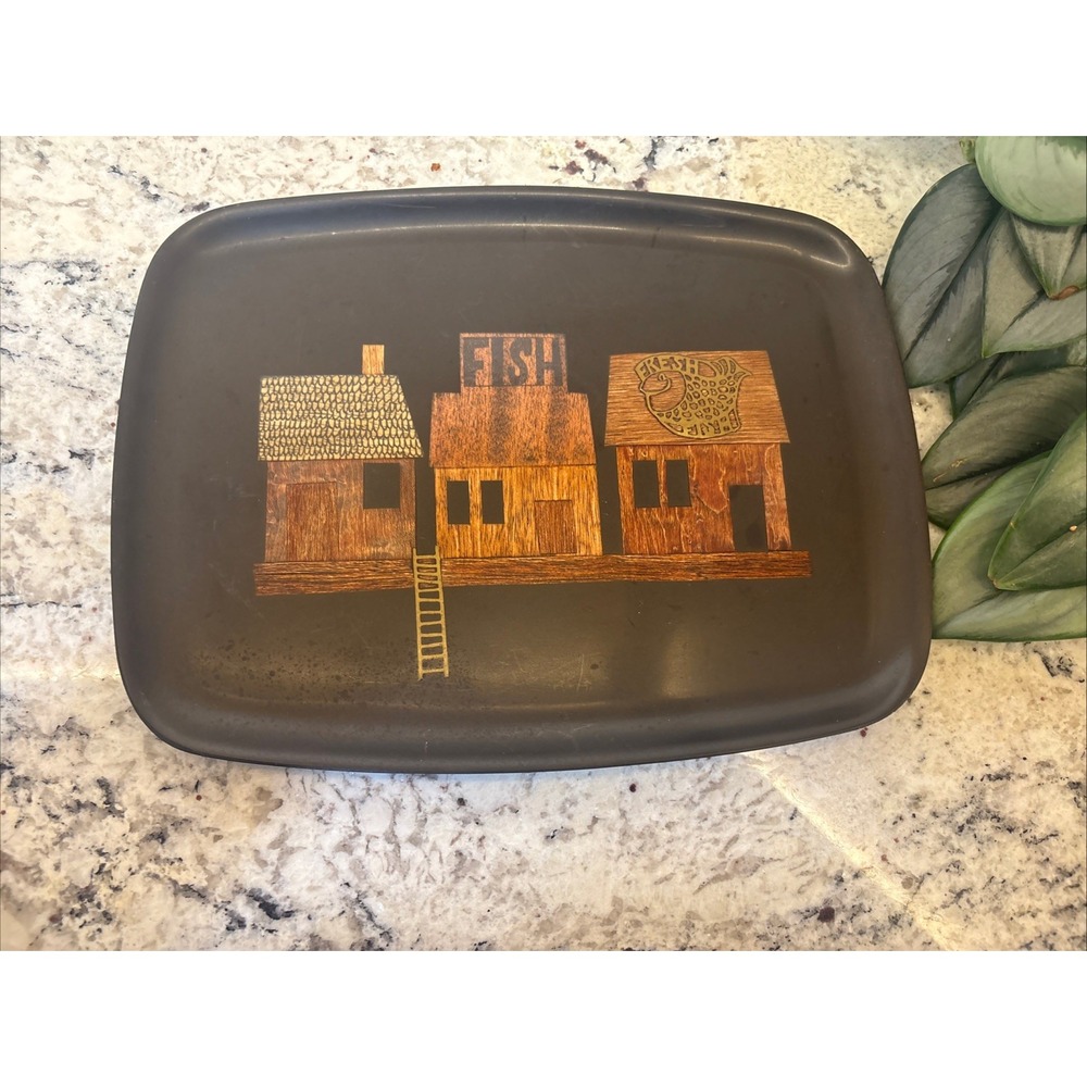 Vintage Couroc Mid-Century Black LacquerT Tray - Folk Art Fishing Village Scene